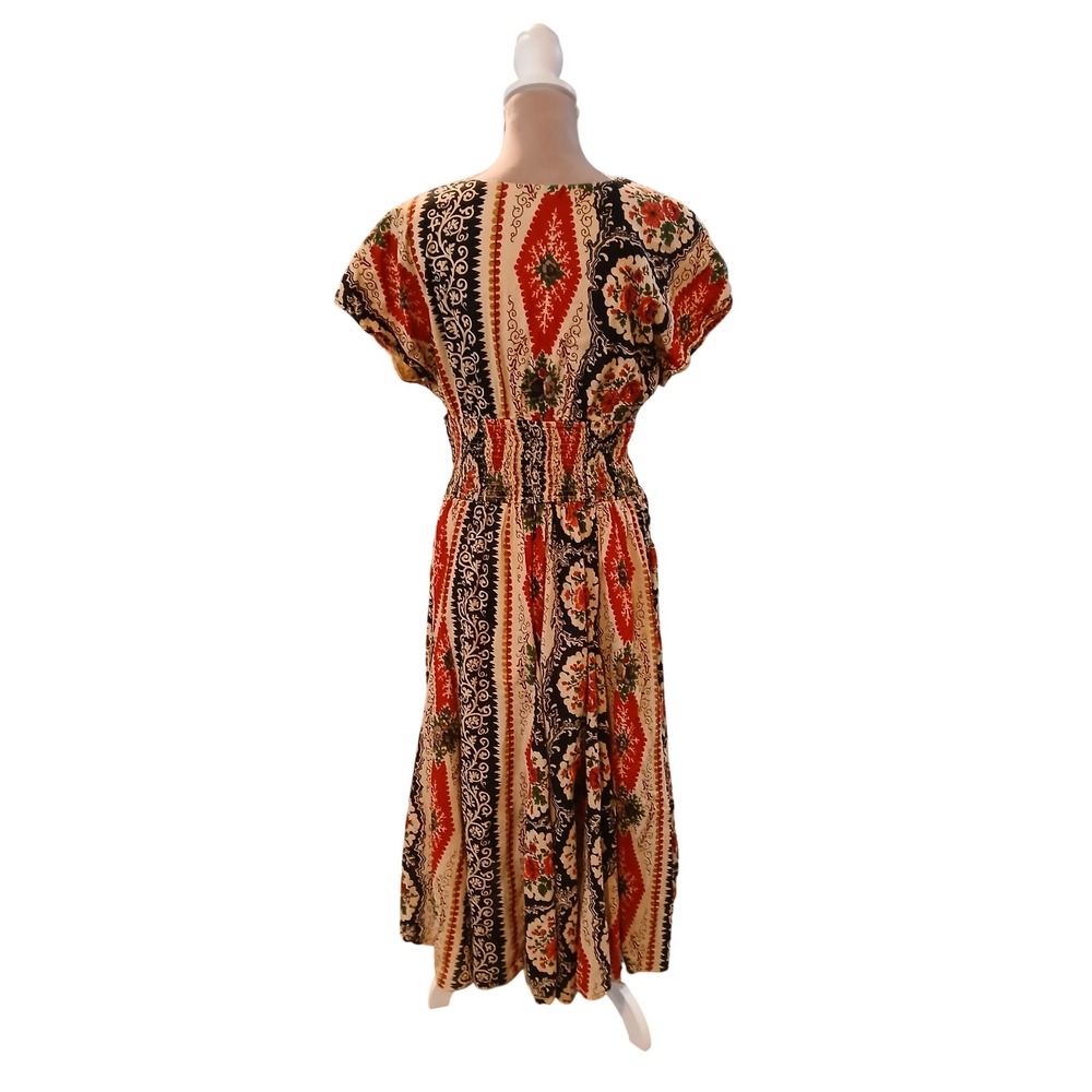 J. Peterman Womens 12 Cotton Floral Paisley Smocked Waist Midi Dress Red Black - Picture 5 of 12